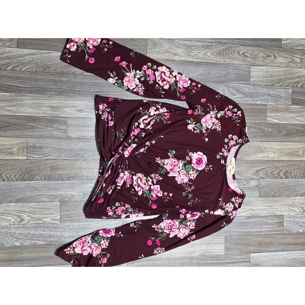 Wishful Park Floral Knot Front Top Long Sleeve Burgundy‎ Blouse Size L